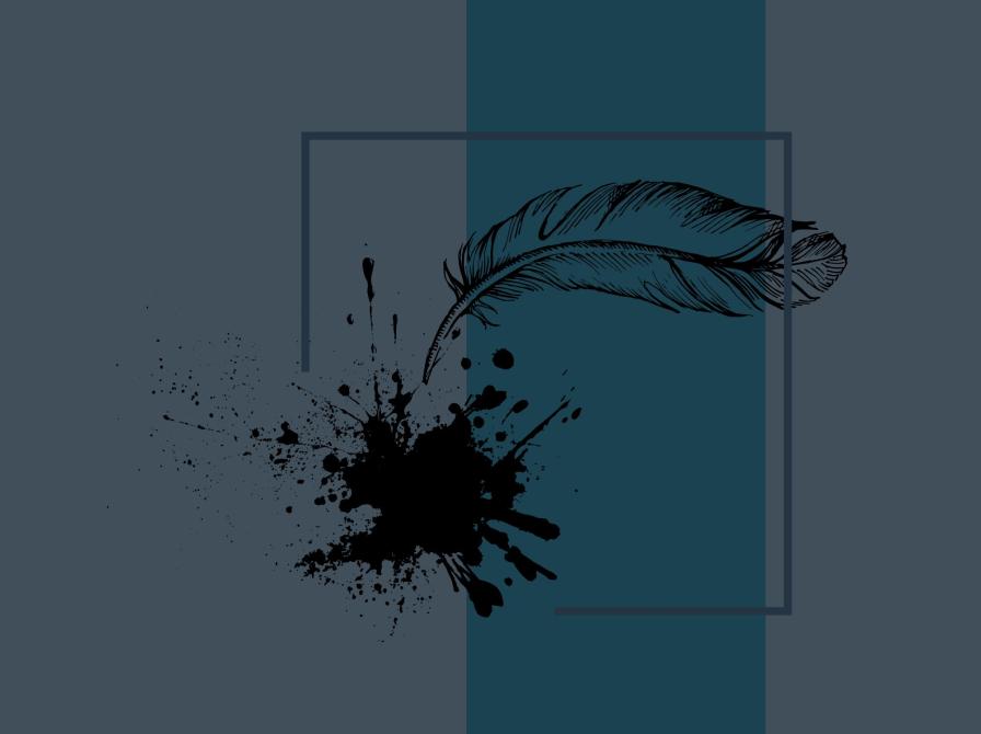 Grafisk illustration af en fjerpen med en blækklat på en mørk baggrund.